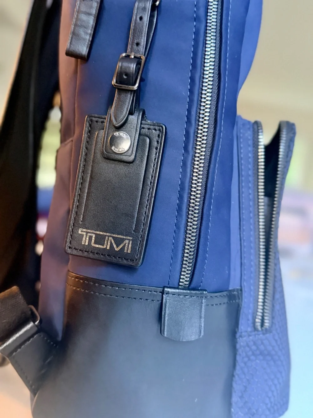 TUMI Harrison Navy Blue Backpack Laptop Business Travel Bag Leather Trim Carry-O